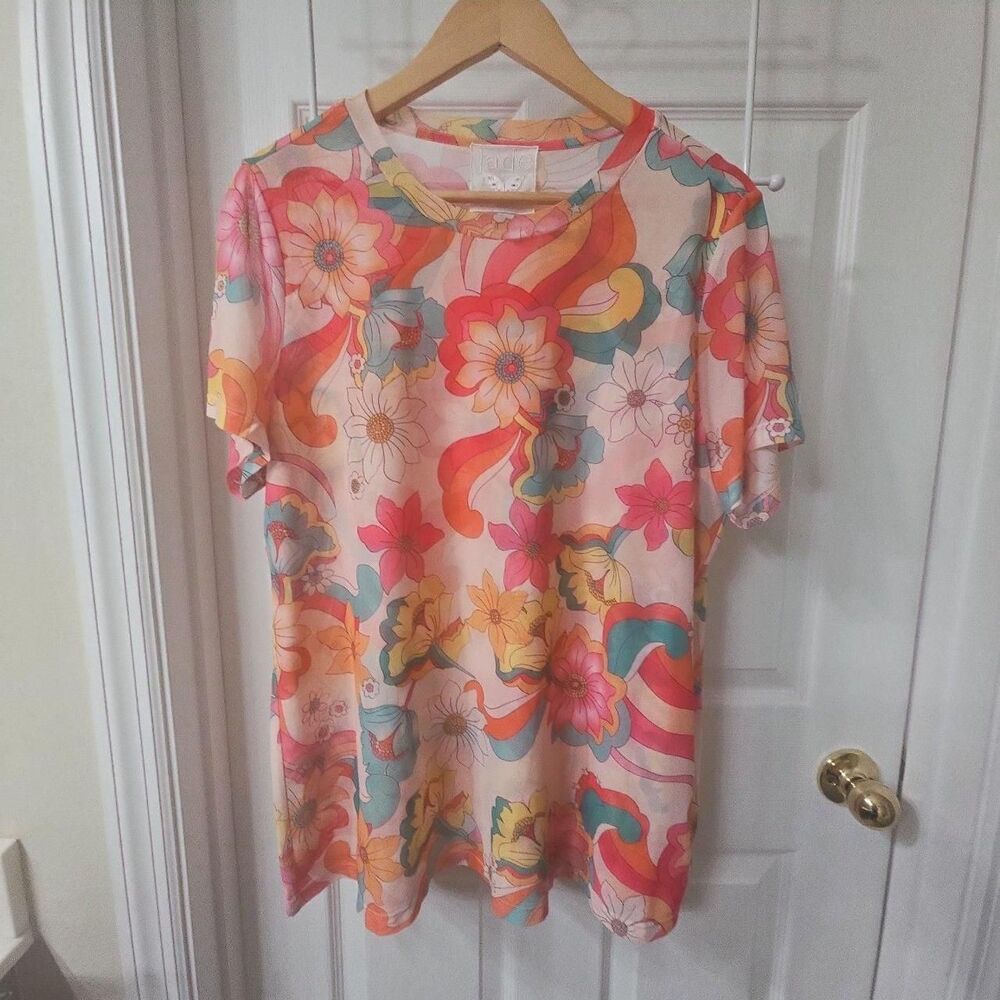 Jade by Johnny Was 1X Multi Floral Print Short Sleeve Mesh T-Shirt